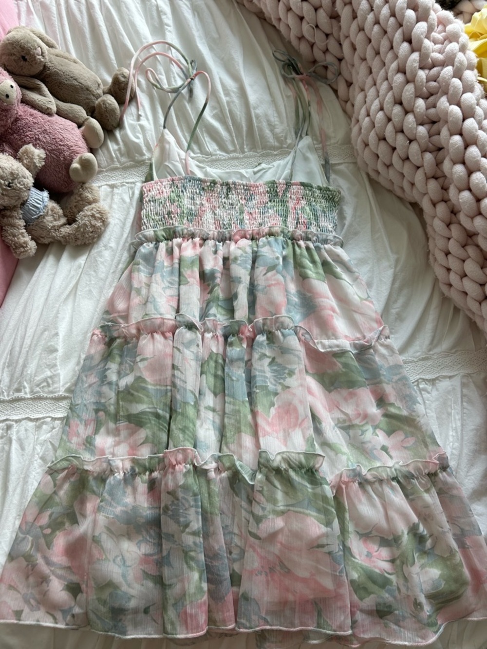 SHEIN Pink & Green Floral Tiered Mini Dress - Picture 2 of 2